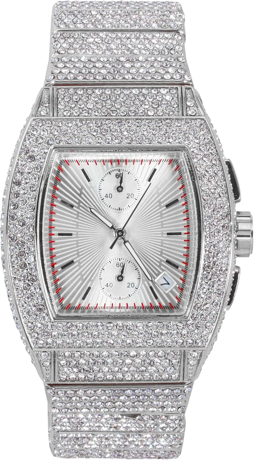 Techno Pave Men's 39mm Iced Out Tonneau Watch - Luxury Hip-Hop Style, Quartz Movement