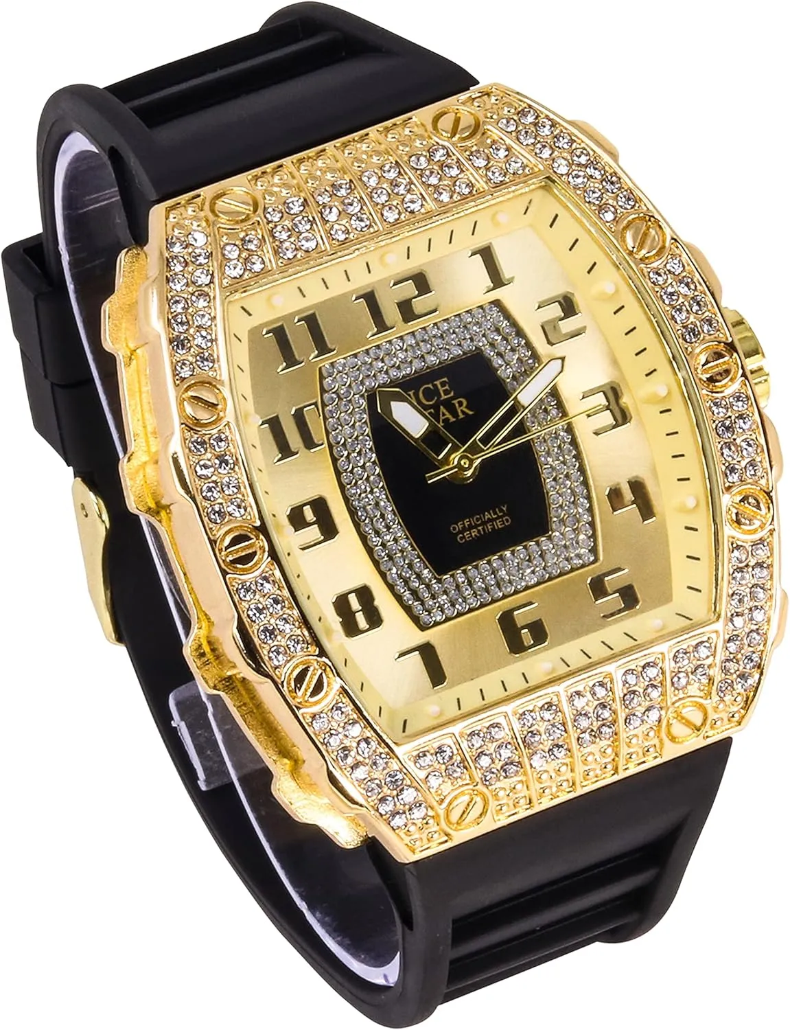 Techno Pave Men's Iced Out Tonneau Shape Watch & Cuban Bracelet Set with Silicone Band, Numeral Dial