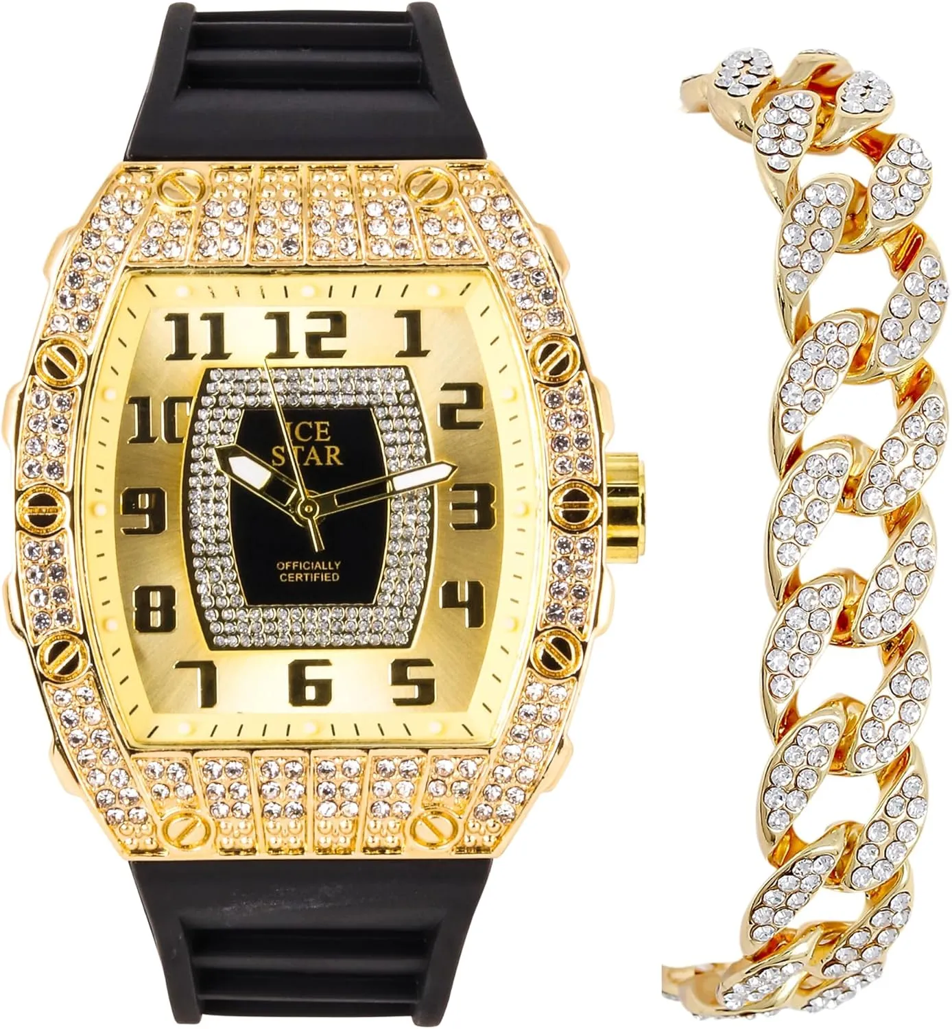 Techno Pave Men's Iced Out Tonneau Shape Watch & Cuban Bracelet Set with Silicone Band, Numeral Dial