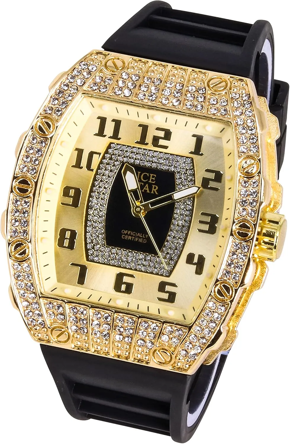 Techno Pave Men's Iced Out Tonneau Shape Watch & Cuban Bracelet Set with Silicone Band, Numeral Dial