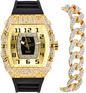 Techno Pave Men's Iced Out Tonneau Shape Watch & Cuban Bracelet Set with Silicone Band, Numeral Dial