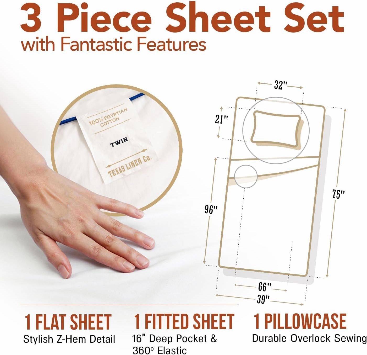 TEXAS LINEN CO. 100% Egyptian Cotton Sheets, 600 Thread Count 3 PC Twin Size Sheet Set, Soft, Cooling, High Thread Count Sateen Weave, Extra Long Staple Luxury Bedding, 16 in Deep Pocket - Beige