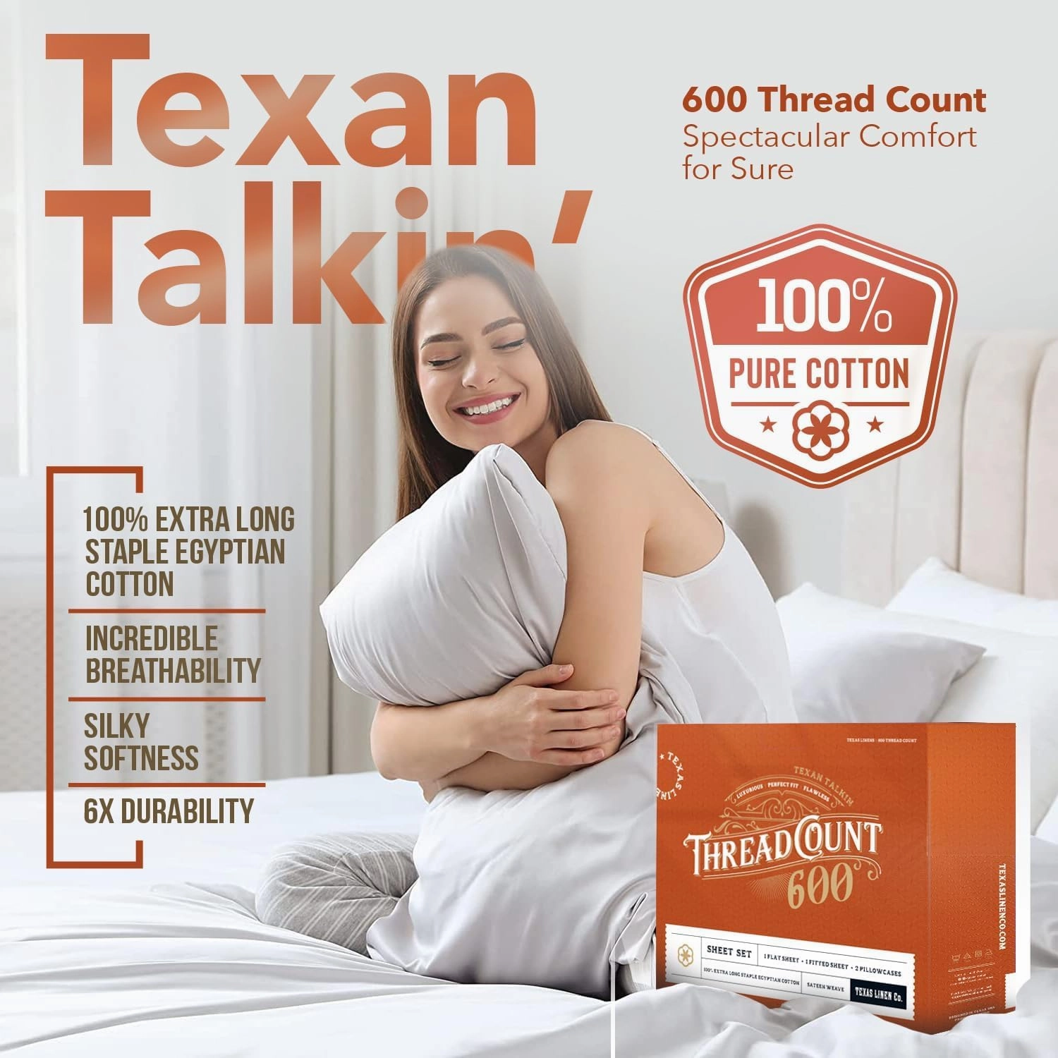 TEXAS LINEN CO. 100% Egyptian Cotton Sheets, 600 Thread Count 3 PC Twin Size Sheet Set, Soft, Cooling, High Thread Count Sateen Weave, Extra Long Staple Luxury Bedding, 16 in Deep Pocket - Beige