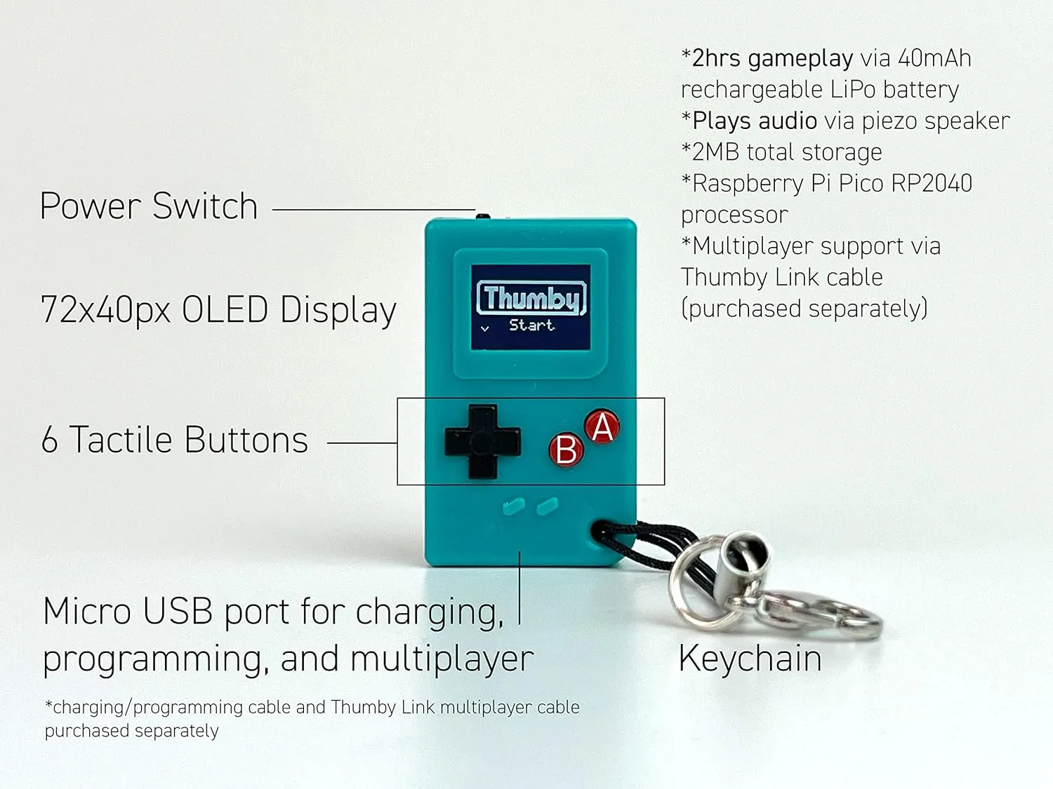 TinyCircuits Thumby (Teal), Tiny Game Console, Playable Programmable Keychain: Electronic Miniature, STEM Learning Tool