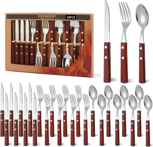 Today's Present Forks and Spoons Silverware Set, 24 Piece Wooden Handle Silverware Set for 8, Wooden Cutlery Stainless Steel Flatware Set with Wood Handle Gift Box Set for Home Kitchen Camping Travel