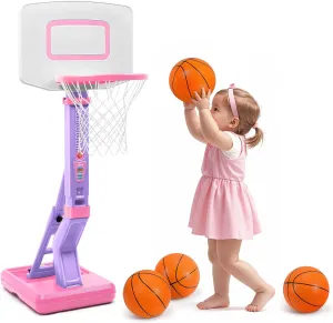 Toddler Little Girls Basketball Hoop Set with 4 Balls for Indoor Outdoor Age 1-3 2-4 3-5, Height Adjustable Basketball Goal for Kids Backyard Basketball Toys for 1 2 3 4 Year Old Girl Birthday Gifts