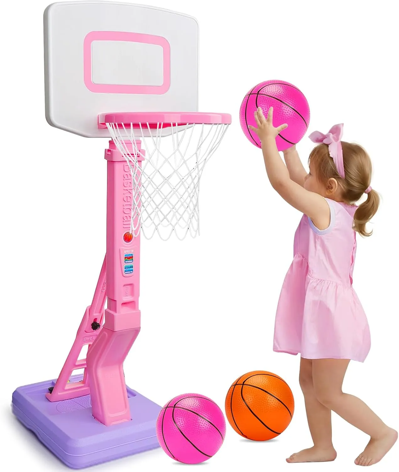 Toddler Pink Basketball Hoop Indoor Outdoor Backyard Poolside Basketball Hoop for Kids 1-3 4-8 Height Adjustable Girls Basketball Goal with Balls Toys for 1 2 3 4 Year Old Girl Birthday