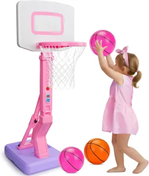 Toddler Pink Basketball Hoop Indoor Outdoor Backyard Poolside Basketball Hoop for Kids 1-3 4-8 Height Adjustable Girls Basketball Goal with Balls Toys for 1 2 3 4 Year Old Girl Birthday