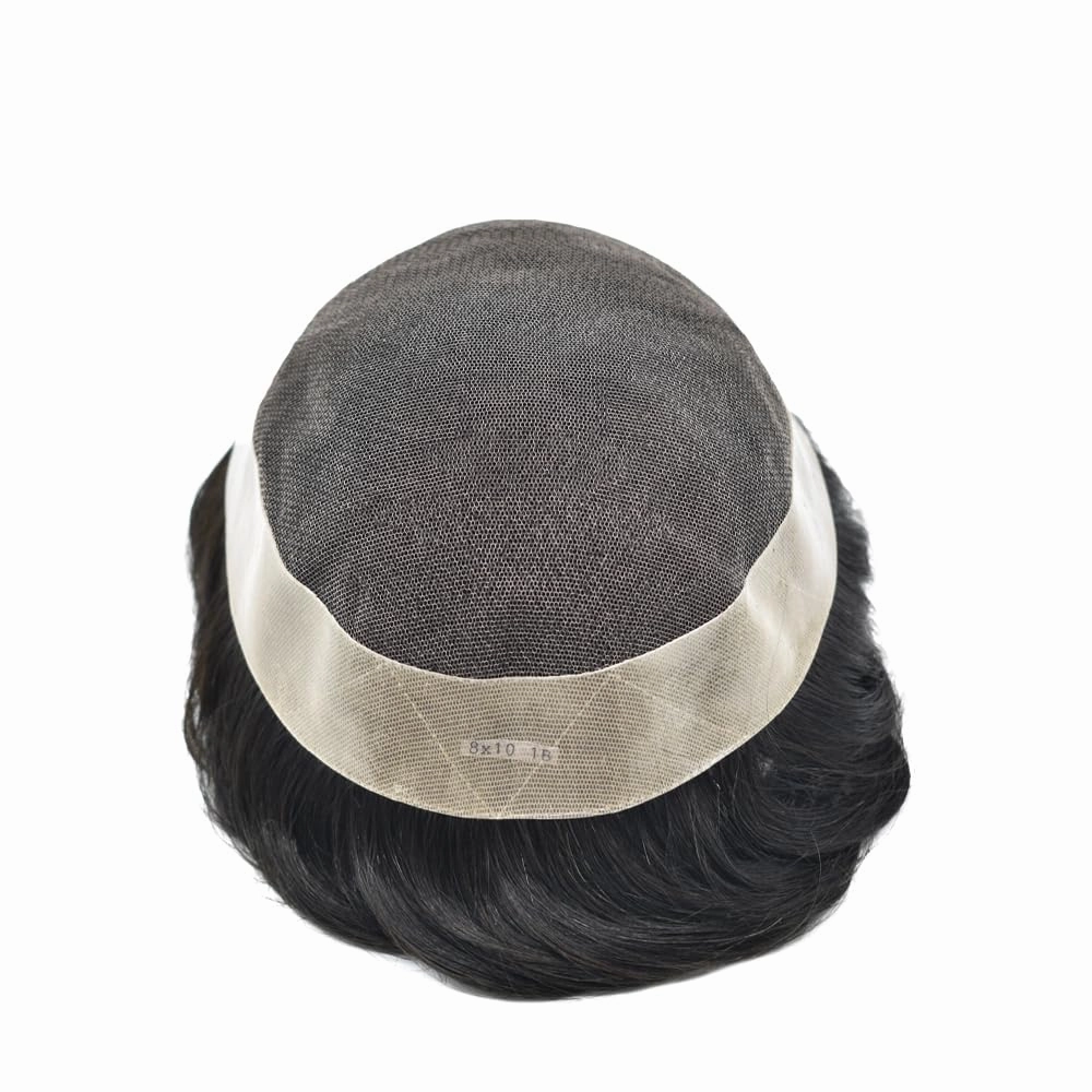 Toupee For Men Hair Pieces Swiss Lace Hair Replacement System For Men Mens Toupee Hair Piece Poly Mens Hair System Human Hair 6x8 100% light to medium density#1B10 1B# OFF BLACK 10% GREY