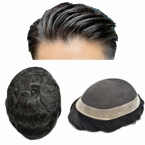 Toupee For Men Hair Pieces Swiss Lace Hair Replacement System For Men Mens Toupee Hair Piece Poly Mens Hair System Human Hair 6x8 100% light to medium density#1B10 1B# OFF BLACK 10% GREY
