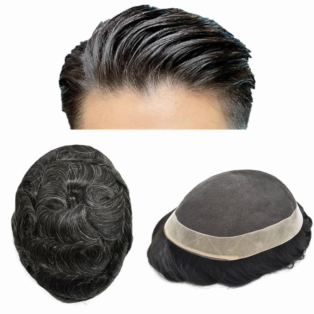 Toupee For Men Hair Pieces Swiss Lace Hair Replacement System For Men Mens Toupee Hair Piece Poly Mens Hair System Human Hair 6x8 100% light to medium density#1B10 1B# OFF BLACK 10% GREY