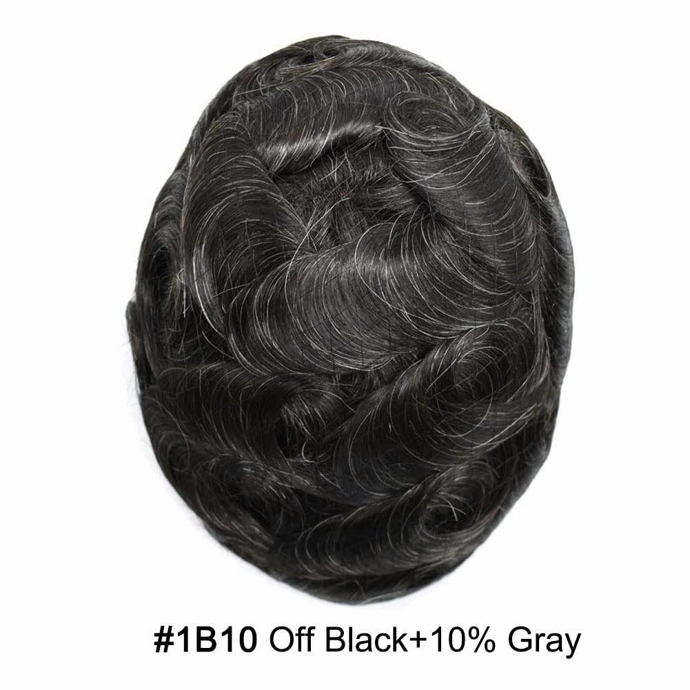 Toupee For Men Hair Pieces Swiss Lace Hair Replacement System For Men Mens Toupee Hair Piece Poly Mens Hair System Human Hair 6x8 100% light to medium density#1B10 1B# OFF BLACK 10% GREY