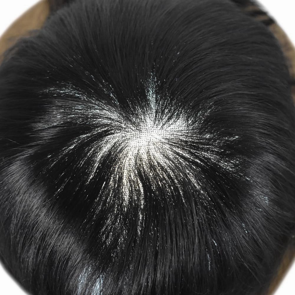 Toupee For Men Hair Pieces Swiss Lace Hair Replacement System For Men Mens Toupee Hair Piece Poly Mens Hair System Human Hair 6x8 100% light to medium density#1B10 1B# OFF BLACK 10% GREY