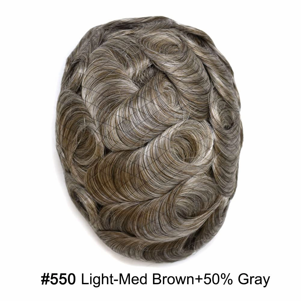 Toupee For Men Hair Replacement System For Men Human Hair Piece Toupee For Men Hair Pieces Fine Monofilament Hair Systems For Men 7x10 Medium light density #550 5# MEDIUM LIGHT BROWN 50%GREY