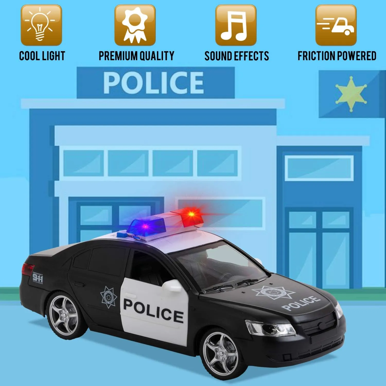 Toy To Enjoy Friction Powered Police Car with Light & Sounds – Heavy Duty Plastic Vehicle Toy for Kids & Children – Openable Doors, Detailed Interior
