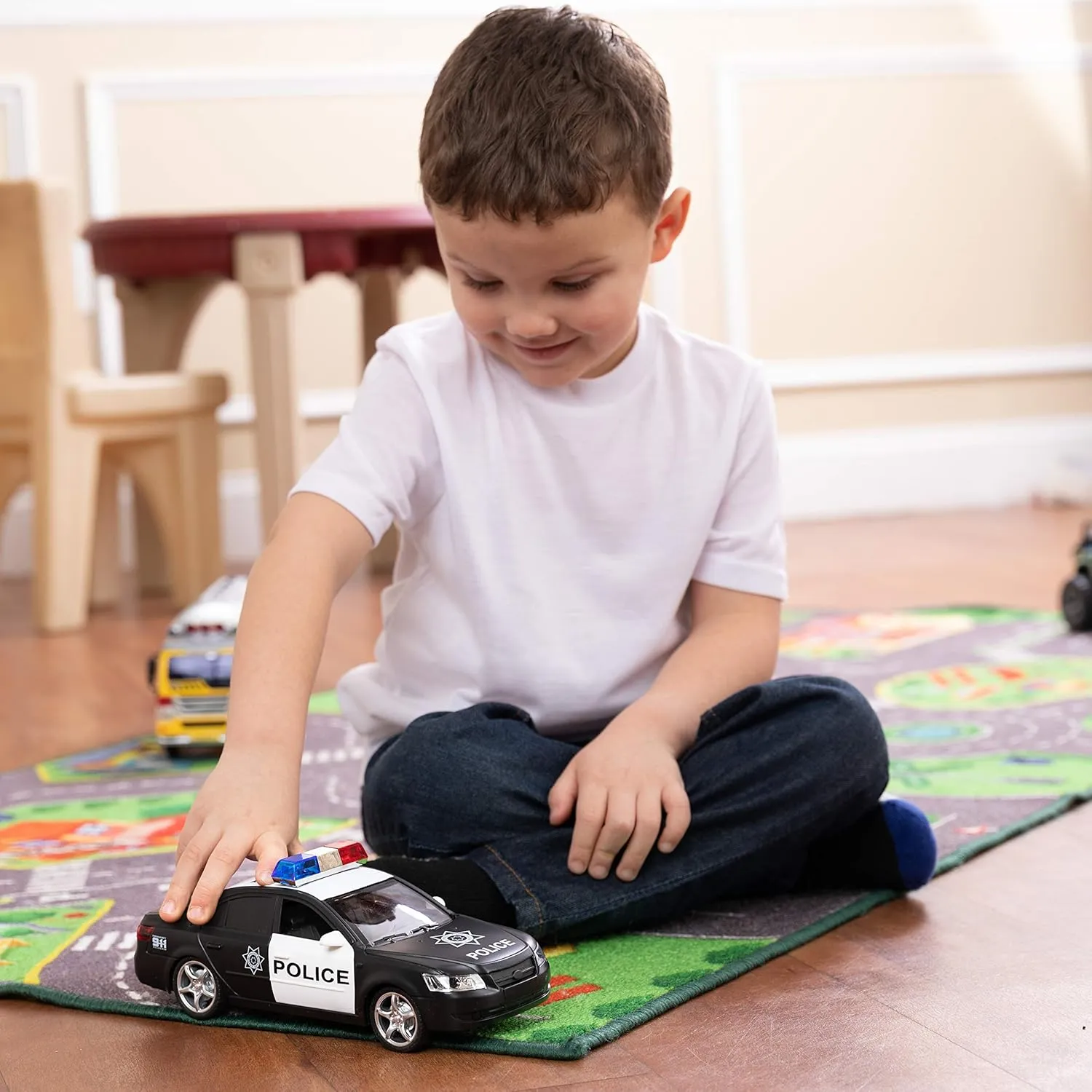 Toy To Enjoy Friction Powered Police Car with Light & Sounds – Heavy Duty Plastic Vehicle Toy for Kids & Children – Openable Doors, Detailed Interior