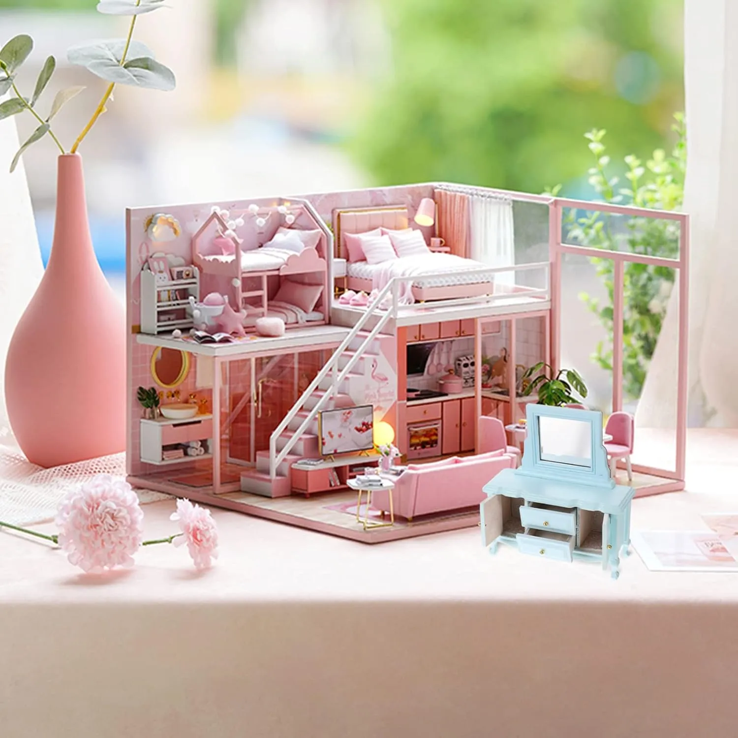 Toyvian Dollhouse Dressing Table with Mirror Miniature Dollhouse Furniture 1:12 Birch Dressing Table for Doll, Dollhouse Bedroom Mini Table for Princess Elegant Miniature Furniture