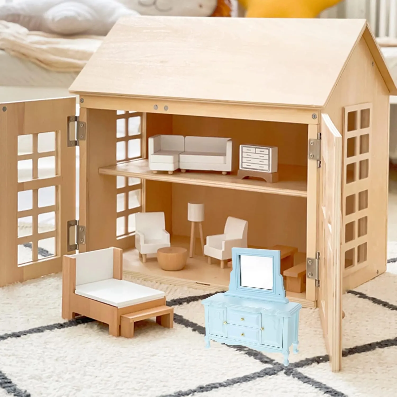 Toyvian Dollhouse Dressing Table with Mirror Miniature Dollhouse Furniture 1:12 Birch Dressing Table for Doll, Dollhouse Bedroom Mini Table for Princess Elegant Miniature Furniture