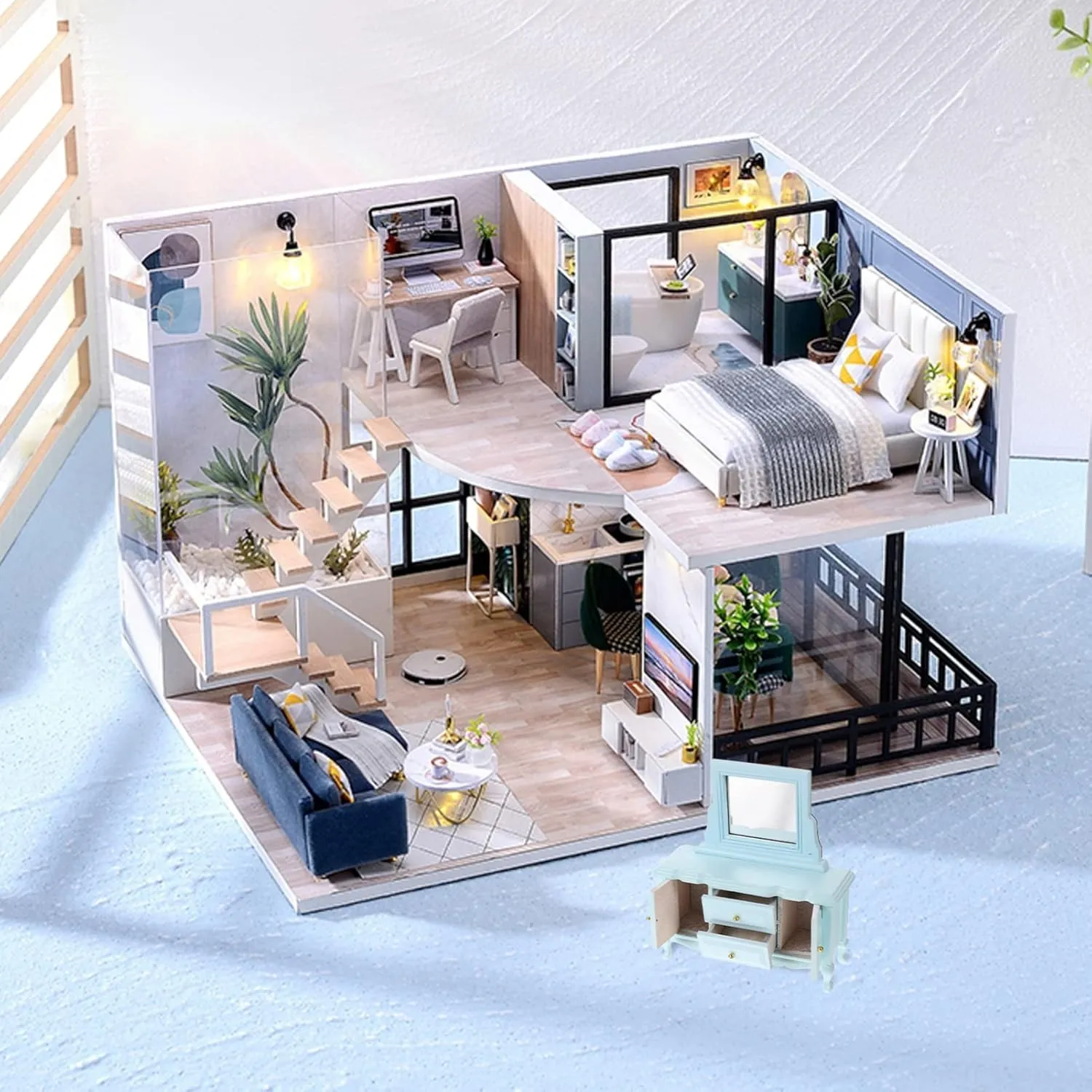 Toyvian Dollhouse Dressing Table with Mirror Miniature Dollhouse Furniture 1:12 Birch Dressing Table for Doll, Dollhouse Bedroom Mini Table for Princess Elegant Miniature Furniture