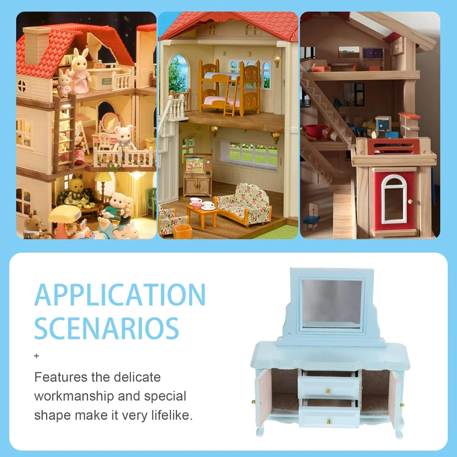 Toyvian Dollhouse Dressing Table with Mirror Miniature Dollhouse Furniture 1:12 Birch Dressing Table for Doll, Dollhouse Bedroom Mini Table for Princess Elegant Miniature Furniture