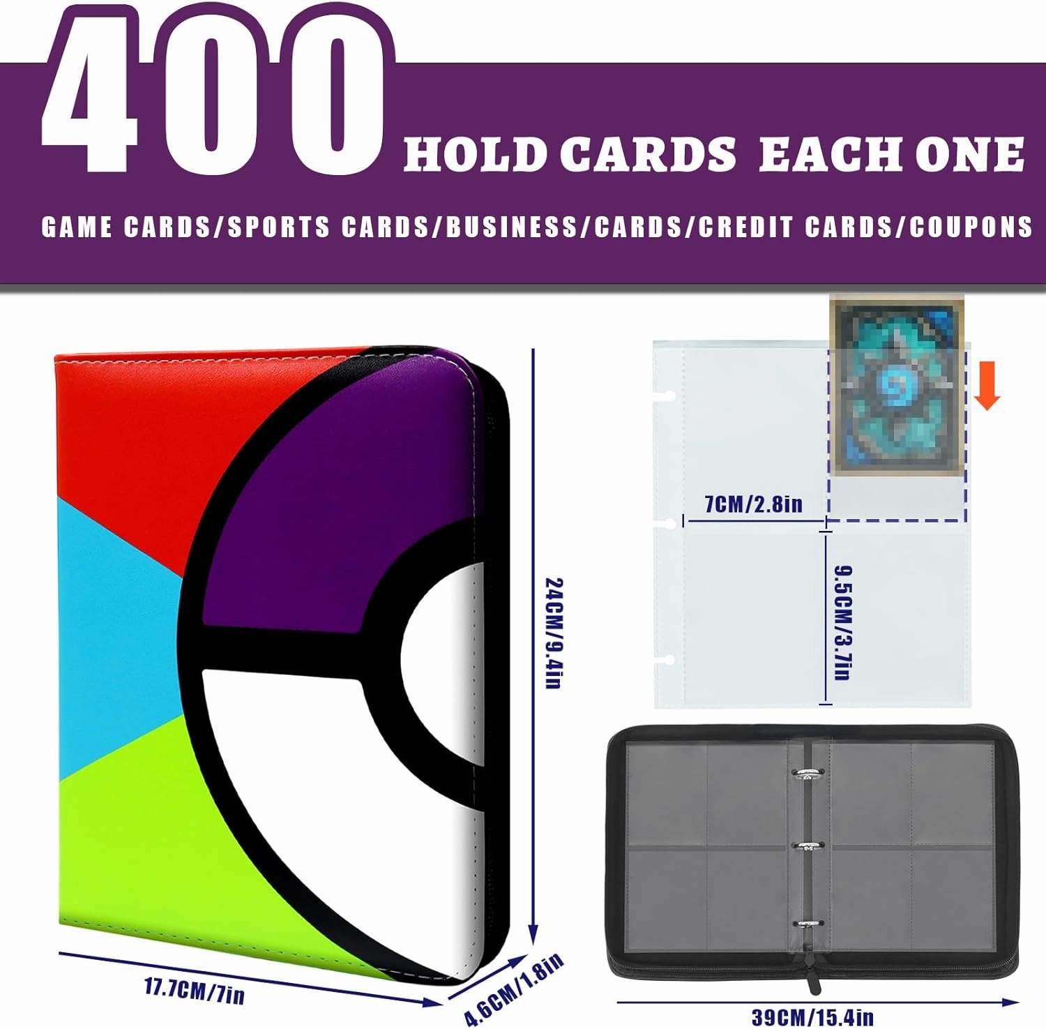Trading Card Binder 400 Pocket - PU Leather Collectible Card Binders, Portable Double-Sided Card Book Holder for Trading Cards, Trading Card Book for MTG, TCG, Football, Basketball Cards