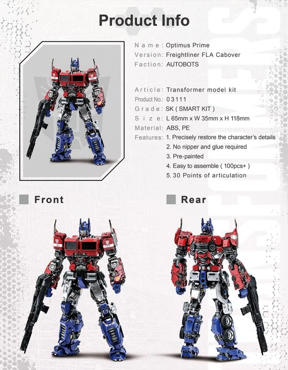 Transformers Optimus Prime Figure Model Kit – Freightliner FLA Cabover Easy to Assemble 3D Articulated Action Figure Pre Painted Collectible Series Toys Hobby 03111