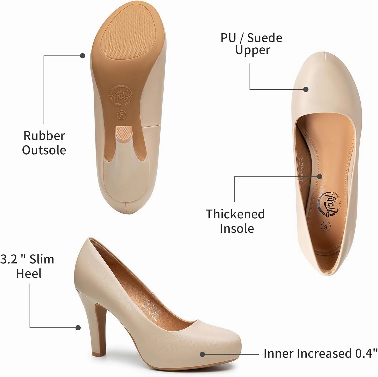 Trary Women's Heels for Women, Black Heels White Heels Brown Heels Nude Heels, Low Platform Heels, IN3.2 High Heel Closed Round Toe Pumps Dress Office Wedding Shoes for Women