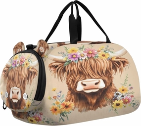 Travel Duffle Bag for Kids Boys Girls Adorable Highland Cow Florals Sports Bag Overnighter Duffle Sleepover Weekender with Shoes Compartment