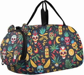 Travel Duffle Bag for Kids Boys Girls Aztec Skeleton Skull Gothic Sports Bag Overnighter Duffle Sleepover Weekender with Shoes Compartment
