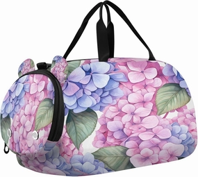 Travel Duffle Bag for Kids Boys Girls Blue Hydrangea Pink Flower Sports Bag Overnighter Duffle Sleepover Weekender with Shoes Compartment