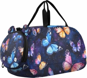Travel Duffle Bag for Kids Boys Girls Butterfly Boho Butterflies Blue Sports Bag Overnighter Duffle Sleepover Weekender with Shoes Compartment
