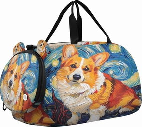 Travel Duffle Bag for Kids Boys Girls Corgi Oil Painting Starry Sky Sports Bag Overnighter Duffle Sleepover Weekender with Shoes Compartment