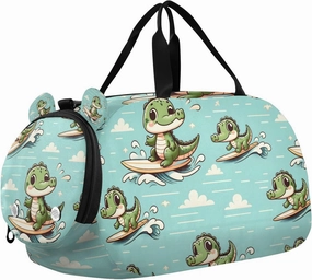 Travel Duffle Bag for Kids Boys Girls Cute Little Crocodile Surfing Sports Bag Overnighter Duffle Sleepover Weekender with Shoes Compartment