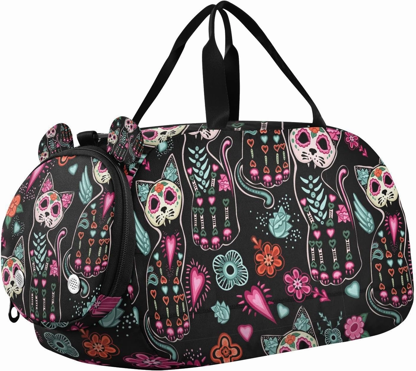 Travel Duffle Bag for Kids Boys Girls Dead Cat Sugar Skull Sports Bag Overnighter Duffle Sleepover Weekender with Shoes Compartment