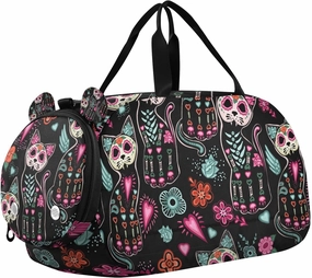 Travel Duffle Bag for Kids Boys Girls Dead Cat Sugar Skull Sports Bag Overnighter Duffle Sleepover Weekender with Shoes Compartment
