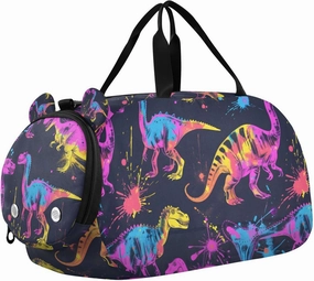 Travel Duffle Bag for Kids Boys Girls Dinosaur Rainbow Animal Black Sports Bag Overnighter Duffle Sleepover Weekender with Shoes Compartment