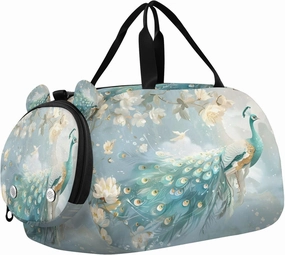 Travel Duffle Bag for Kids Boys Girls Elegant Peacock Flower Sports Bag Overnighter Duffle Sleepover Weekender with Shoes Compartment
