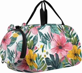 Travel Duffle Bag for Kids Boys Girls Flower Pink Hibiscus Sports Bag Overnighter Duffle Sleepover Weekender with Shoes Compartment