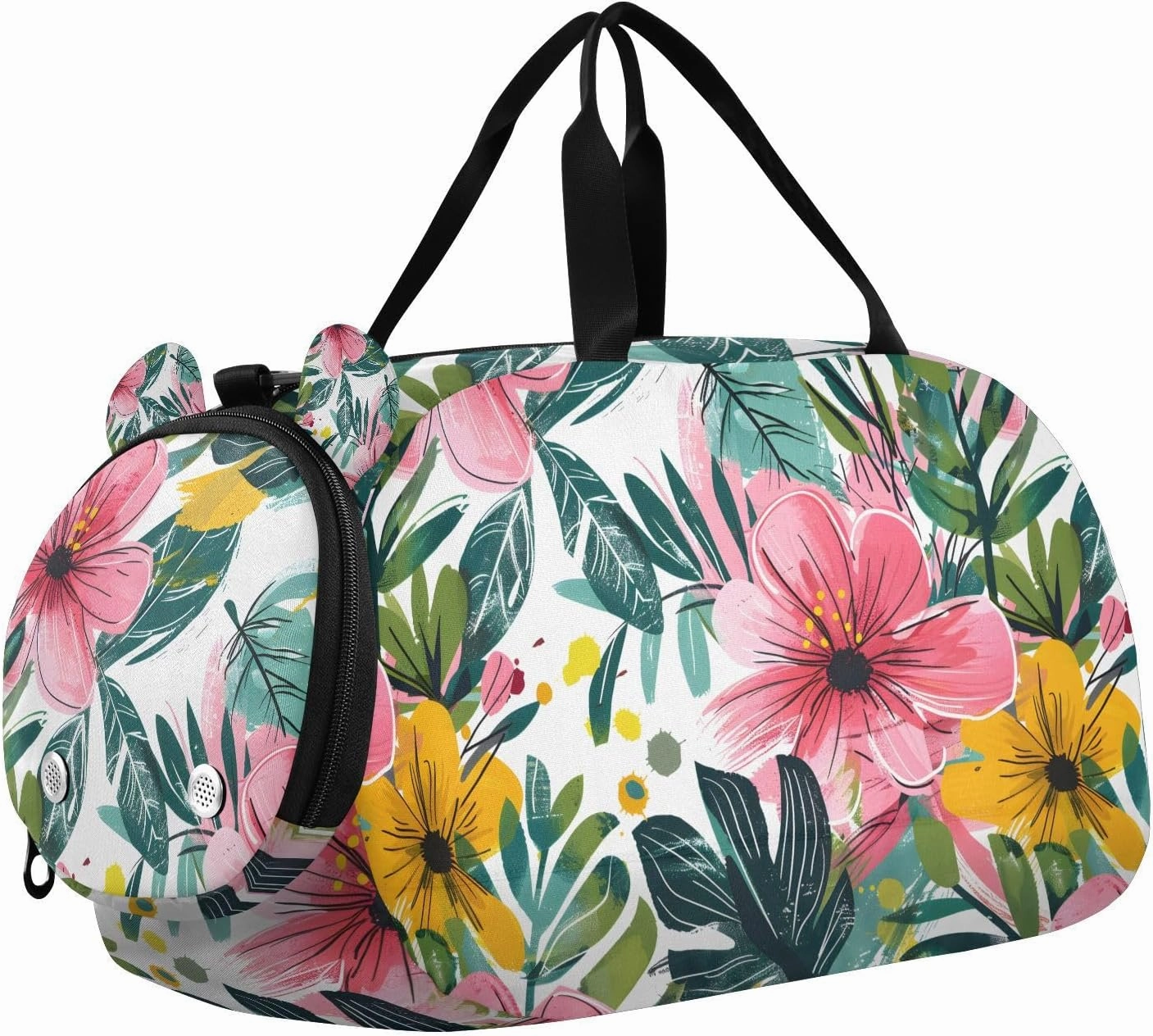 Travel Duffle Bag for Kids Boys Girls Flower Pink Hibiscus Sports Bag Overnighter Duffle Sleepover Weekender with Shoes Compartment