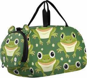 Travel Duffle Bag for Kids Boys Girls Frog Green Animal Sports Bag Overnighter Duffle Sleepover Weekender with Shoes Compartment