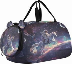 Travel Duffle Bag for Kids Boys Girls Funny Unicorn Astronaut Galaxy Sports Bag Overnighter Duffle Sleepover Weekender with Shoes Compartment