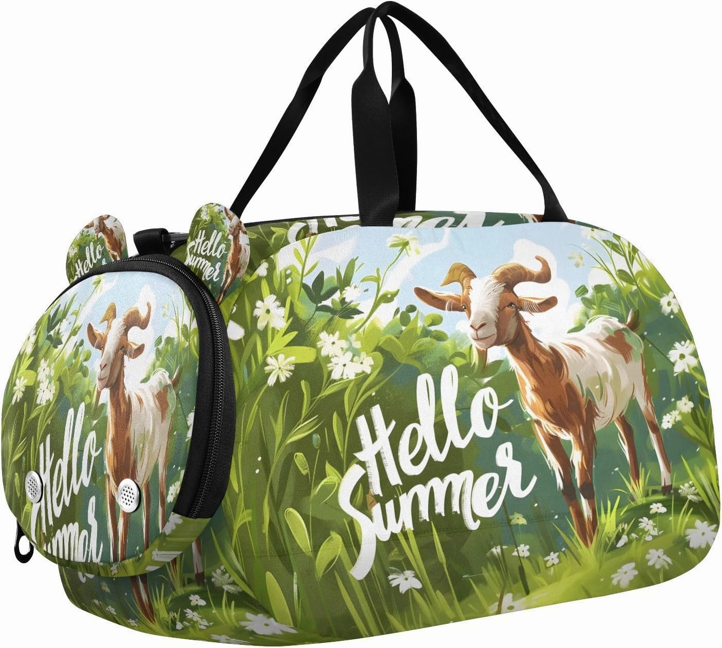 Travel Duffle Bag for Kids Boys Girls Goat on The Green Sports Bag Overnighter Duffle Sleepover Weekender with Shoes Compartment