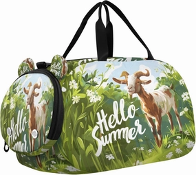 Travel Duffle Bag for Kids Boys Girls Goat on The Green Sports Bag Overnighter Duffle Sleepover Weekender with Shoes Compartment
