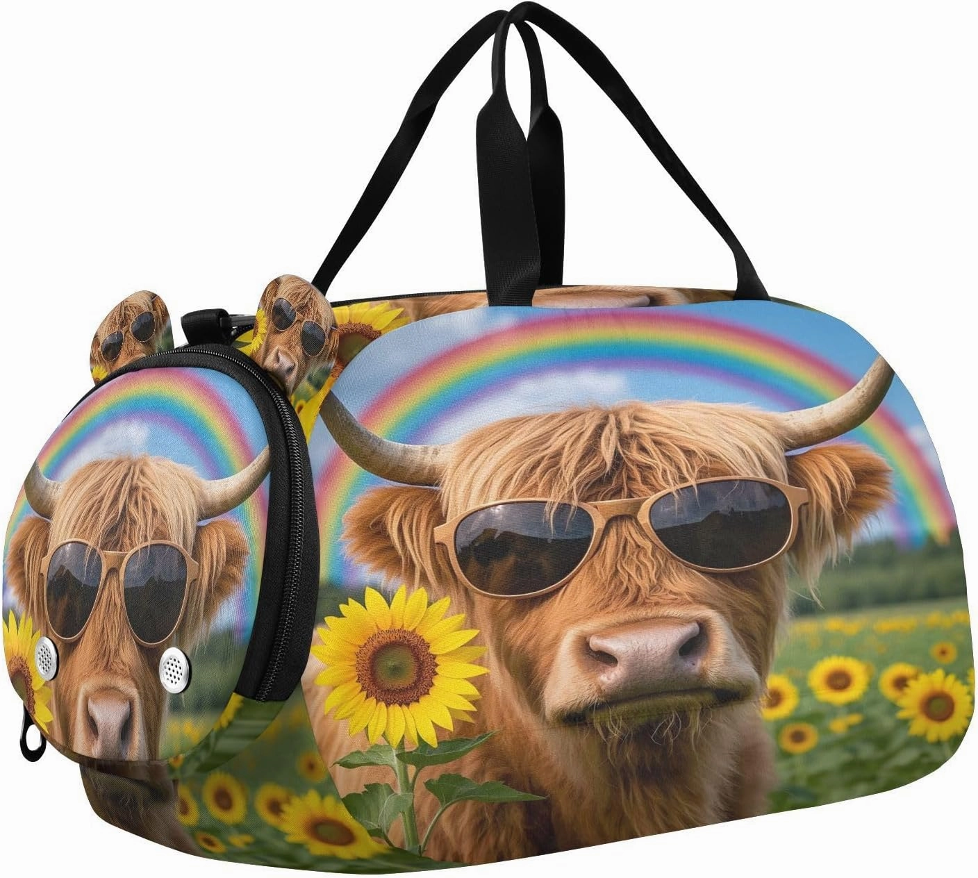 Travel Duffle Bag for Kids Boys Girls Highland Cow Sunflowers Rainbow Sports Bag Overnighter Duffle Sleepover Weekender with Shoes Compartment