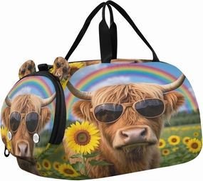Travel Duffle Bag for Kids Boys Girls Highland Cow Sunflowers Rainbow Sports Bag Overnighter Duffle Sleepover Weekender with Shoes Compartment