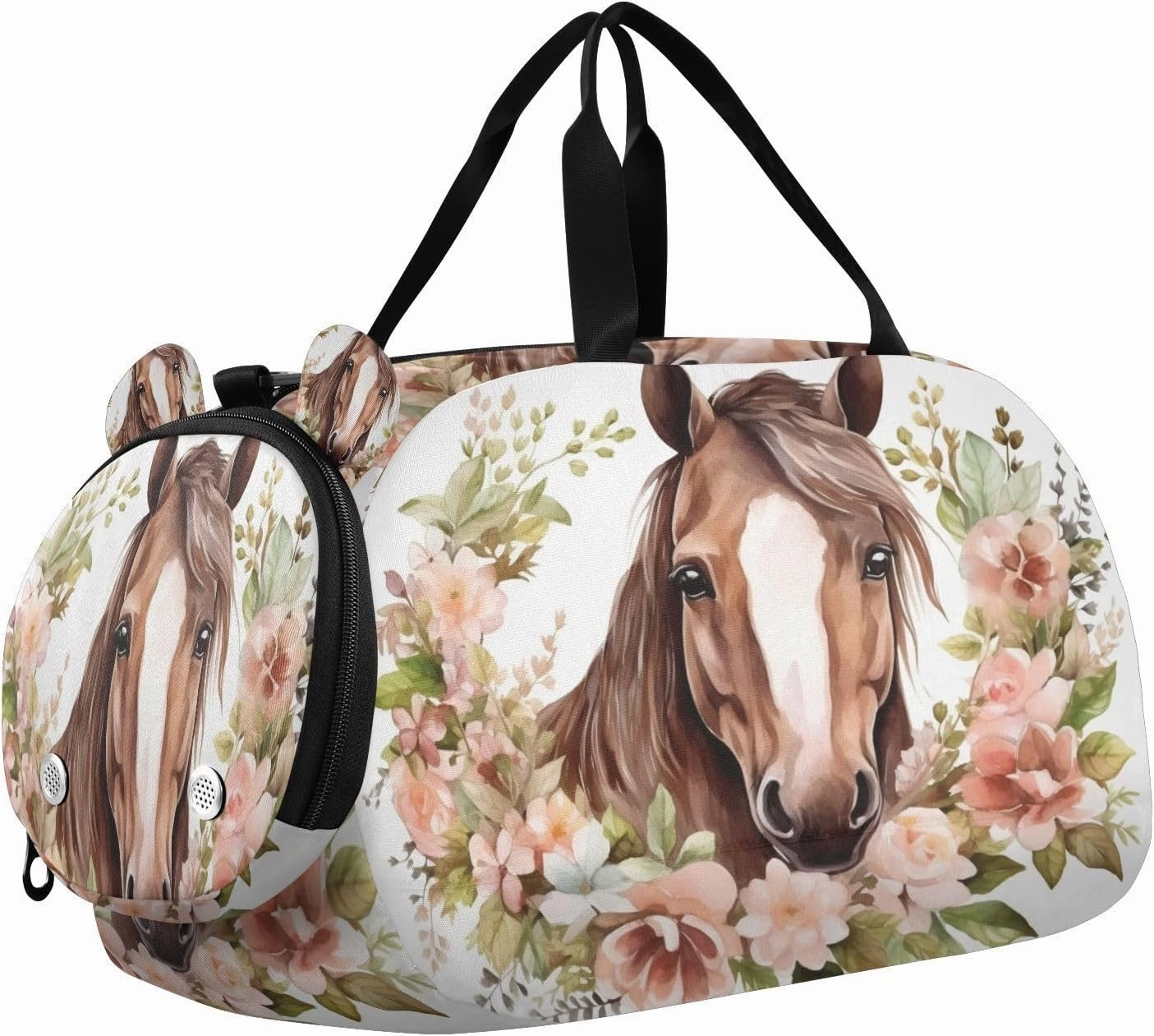 Travel Duffle Bag for Kids Boys Girls Horse Flower Watercolor Sports Bag Overnighter Duffle Sleepover Weekender with Shoes Compartment