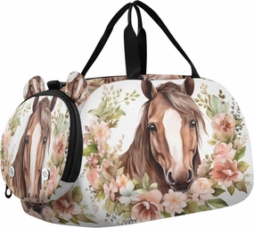Travel Duffle Bag for Kids Boys Girls Horse Flower Watercolor Sports Bag Overnighter Duffle Sleepover Weekender with Shoes Compartment