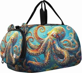 Travel Duffle Bag for Kids Boys Girls Octopus Nautical Blue Coasta Ocean Sports Bag Overnighter Duffle Sleepover Weekender with Shoes Compartment