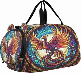 Travel Duffle Bag for Kids Boys Girls Phoenix Fire Wing Stained Glass Sports Bag Overnighter Duffle Sleepover Weekender with Shoes Compartment