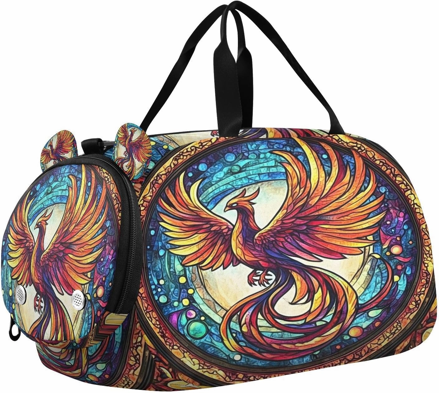 Travel Duffle Bag for Kids Boys Girls Phoenix Fire Wing Stained Glass Sports Bag Overnighter Duffle Sleepover Weekender with Shoes Compartment